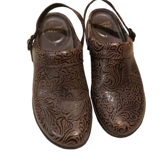 Dankso Clogs Women's 10.5 Floral Embossed Tooled Leather Nurse Brown Shoes - Picture 2 of 12